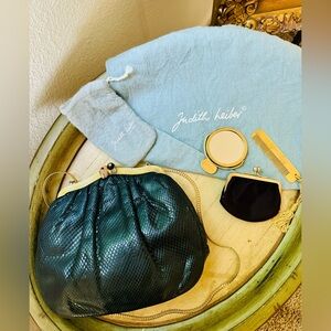 JUDITH LEIBER snakeskin black clutch bag & vanity set